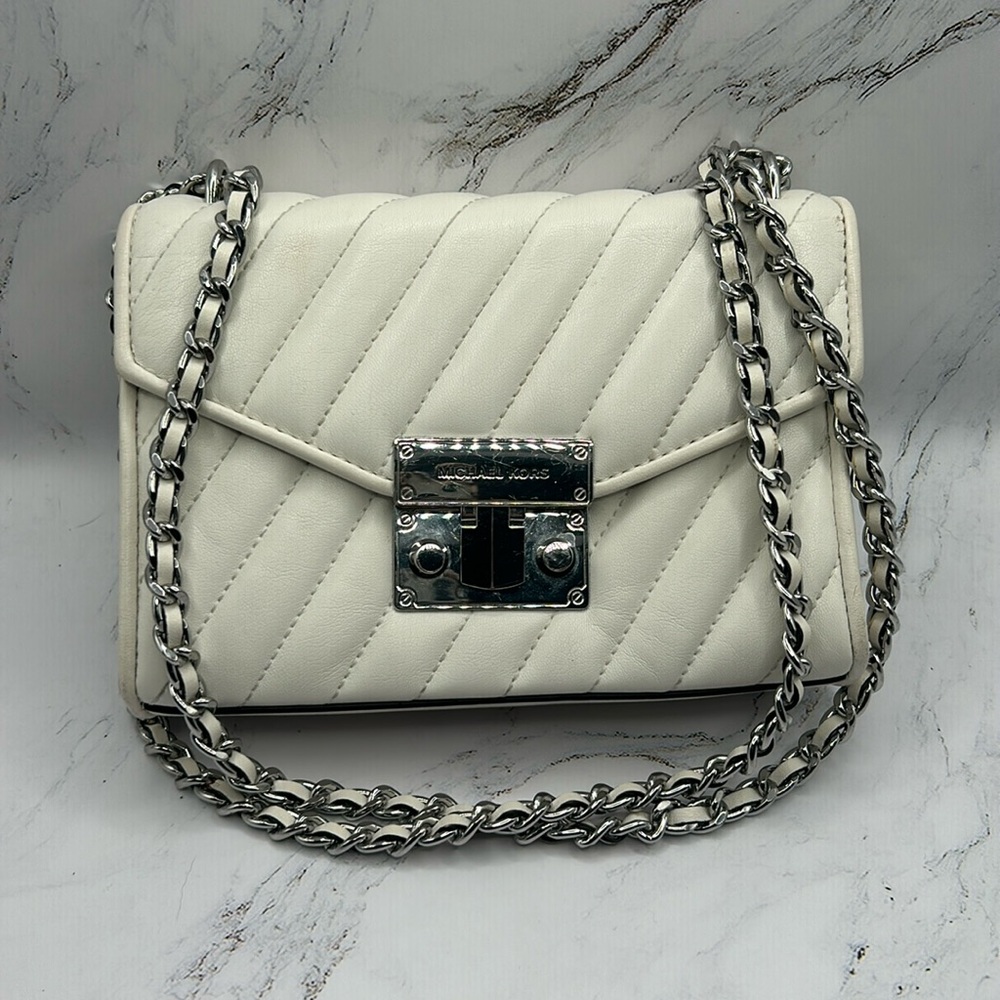 Michael Kors White Quilted Leather Crossbody Purse Small Handbag Silver Hardware